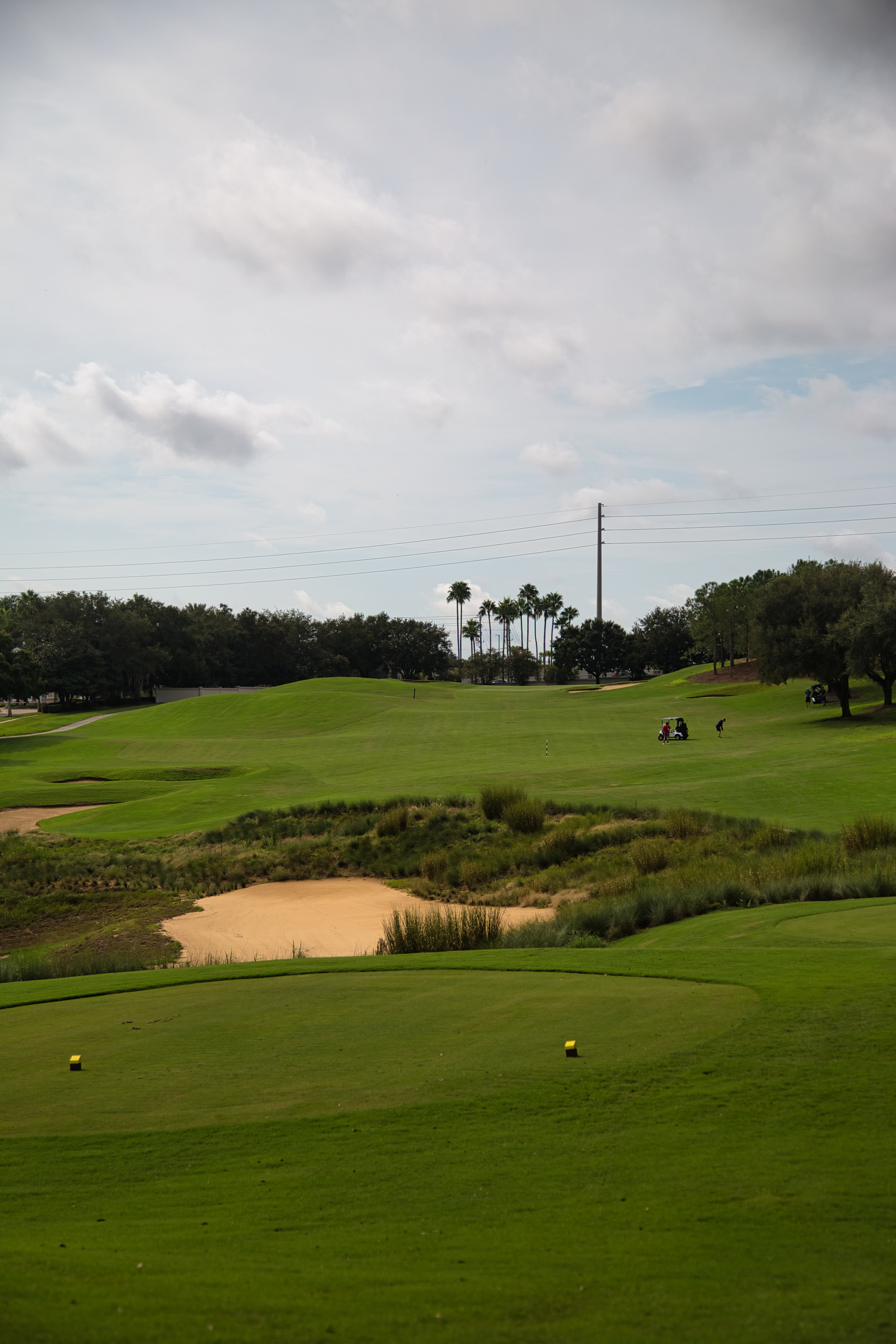 Wide fairway view with bunkers, fescue and golfers in the distance